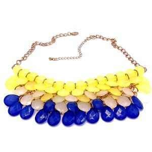 Vintage Statement Necklace Gold Tone Blue Yellow 18” With 3” Extender